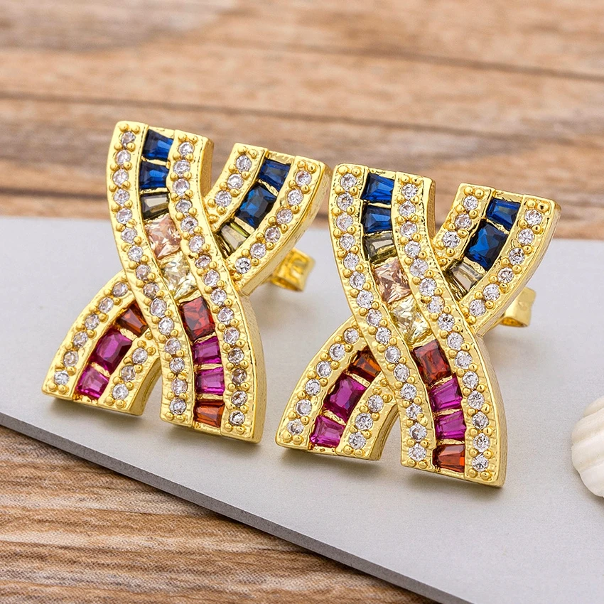 Модные серьги-гвоздики в форме радуги с фианитами для женщин, девушек, золотого цвета, серьги-гвоздики в форме х, ювелирные изделия, вечерние, свадебные, уличные, подарок