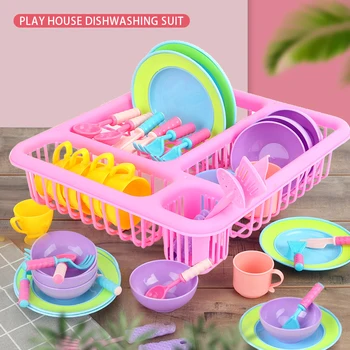 

21pcs Kids Pretend Play Dishes Kitchen Playset Wash and Dry Toys Tableware Dish Rack with Drainer Children Kids Cooking Toys