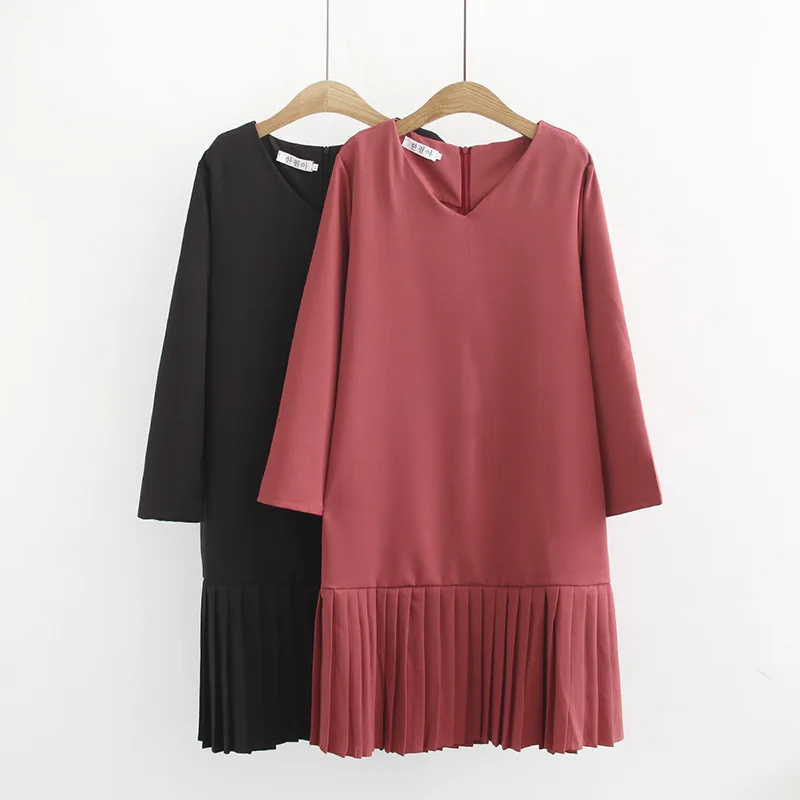 

Large Size Dress And Obesity Mm200 Jin 19 Spring Loose-Fit Slimming Women's Solid Color by Age V-neck Long-sleeve Dress