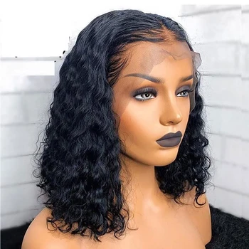 

Remy Vigorous Black Colored Kinky Curly Blunt Cut Short Bob 13×6 Lace Front Wig Human Hair U part wig For Women Natural Hairline