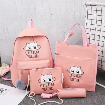 

4 Piece Set Canvas Women Backpack School Bag For Teenage Girls 15.6 Laptop Rucksack Female Shoulder Bag Mochilas Para Mujer