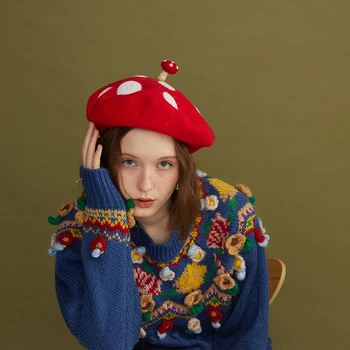 

Mushroom head small hand-felted wool beret painter cap creative birthday gift hats
