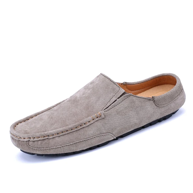 Man Summer Fashion Pig Skin Casual Half Shoe Male Breathable Soft Backless Half Loafers Hombre Open Back Leather Comfy Mocassins Khaki without holes
