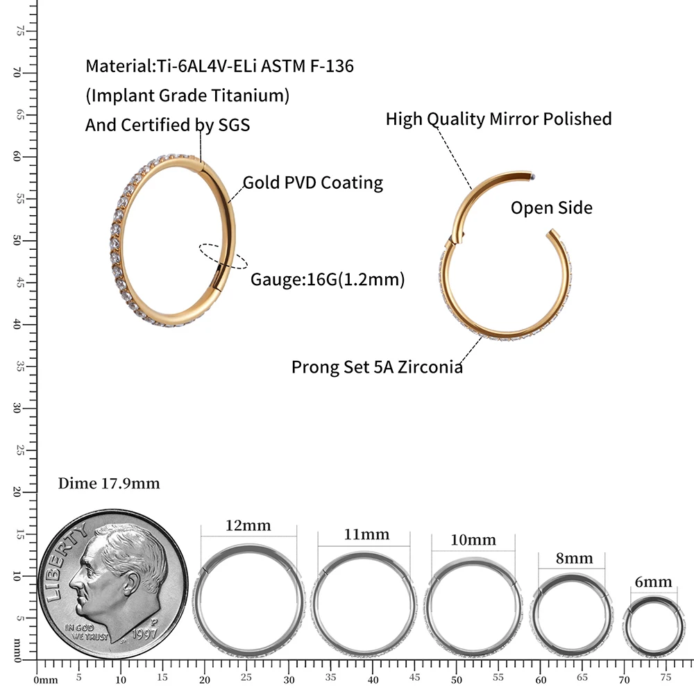 Titanium Nose Ring Hoop Right Grand ASTM F136 Titanium Nose Ring Hoop with CZ Piercing Jewelry for Cartilage Helix Rook Daith Tragus Ear Lobe