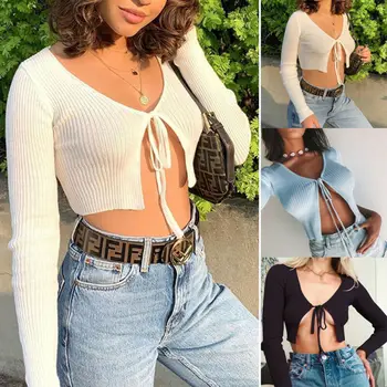 

Womens Knotted Tie Front Bolero Shrug Long Sleeve Crop Top Knit Sweater Cardigan