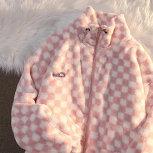 

DAYIFUN Down Jacket Female 2021 Winter Plaid Chess Board Stand Collar Zip Up Chic Lamb Wool Coat Thick Fleece Warm Winter Coats