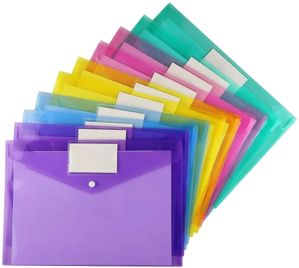 5pcs A4 Size Plastic Envelopes Clear Document File Envelope Folders with Label Pocket & Snap for School Home Office Supplies