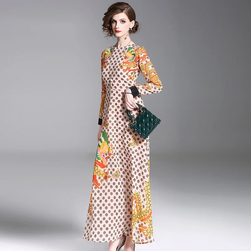 

2018 Summer Wear New Style Europe And America Fashion Printed Chiffon Dress Elegant Slim Fit Crew Neck Mid-length A- line Skirt