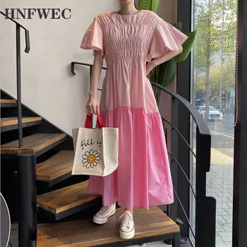 

Long Dress Women Korean Style Short Sleeve Cotton Casaul Ladies Dress Summer New 2020 Round Collar Women Clothing U522
