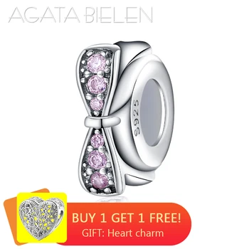 

New bowknot 925 Sterling Silver Clear Pink Zircon Silicone Stopper Beads Fit Original europeu Charm Bracelet Jewelry Making