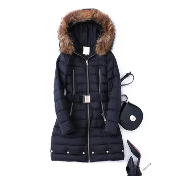 

Winter real raccoon fur collar hooded fluffy duck down coats female great quality thick warm down jacket with blet F2222