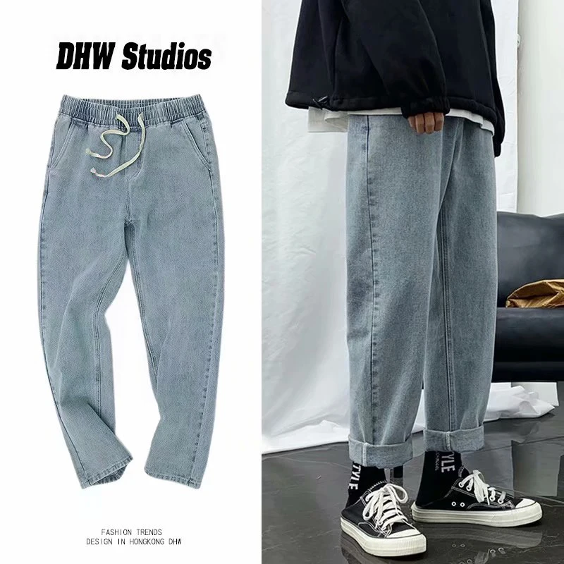 Jeans Men Pants Kpop Clothes Wide-Leg Elastic-Waist Hip-Hop Loose Teenager Retro Long