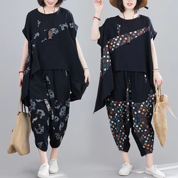 

2020 Summer New Large Plus Size Women Irregular Tops Elastic Waist Wide Leg Pants Two Piece Set Batwing Sleeve Suits Casual