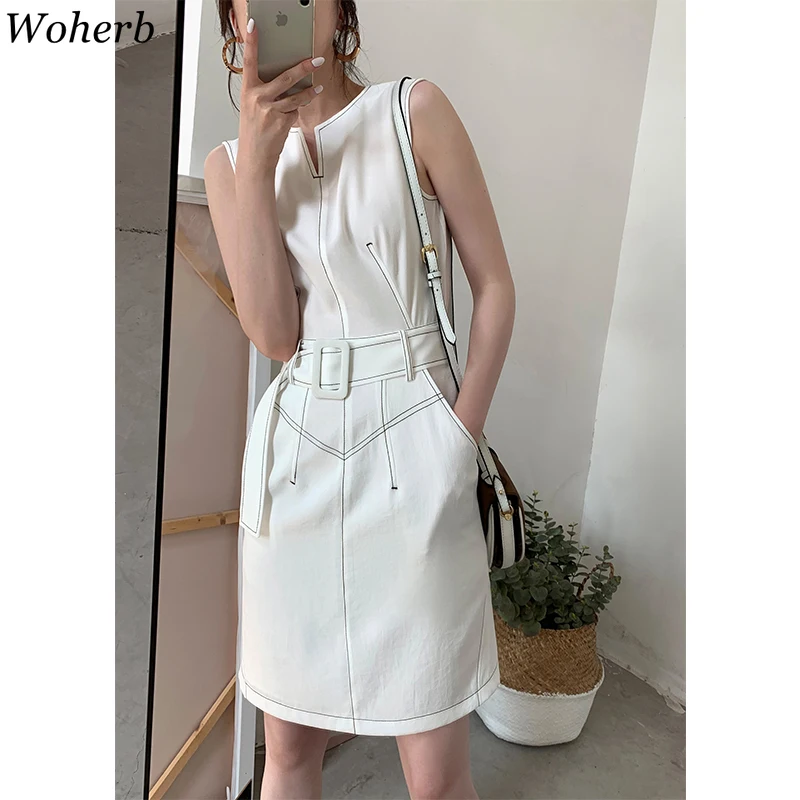 

Woherb White Blazer Work Dress Women V Neck Ruffle A Line Slim Sleeveless Party Dress Office Ladies Short White Dress Vestidos