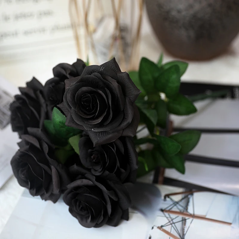 Ramo de rosas negras, flores artificiales, novia, flores falsas de seda,  decoración del hogar|Flores artificiales y secas| - AliExpress