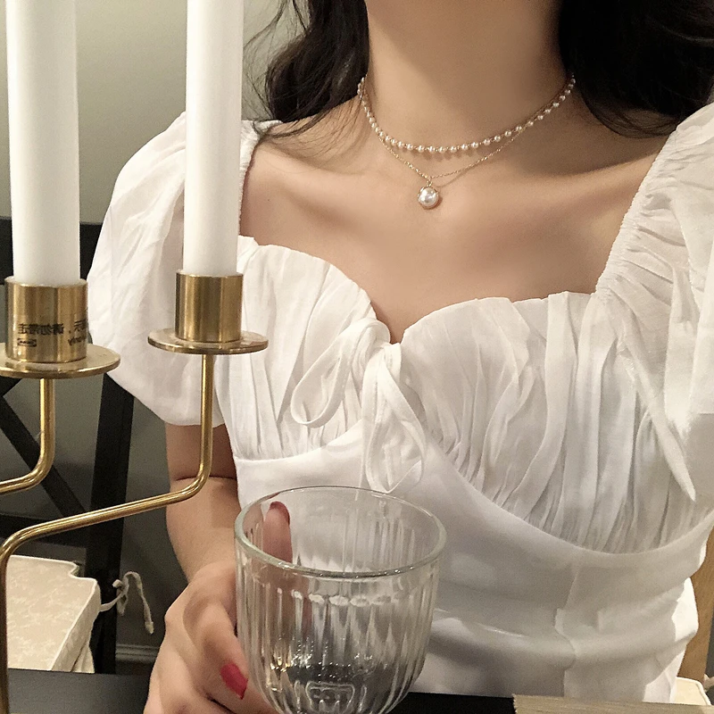 Kpop Fashion Pearl Choker Necklace Women Cute Girl Gold color Double Layer Chain Pearl Pendant Korean Jewelry Woman 2020 Collar - Image 3