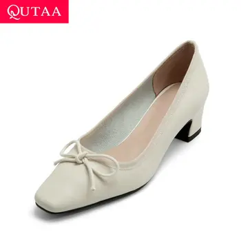 

QUTAA 2020 Square Middle Heel Slip on Women Single Shoes Butterfly-Knot Cow Leather Shallow Elegant Ladies Pumps Size 34-41