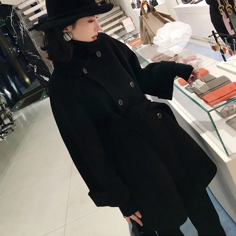 Женское зимнее пальто с длинным рукавом теплое черное шерстяное женское