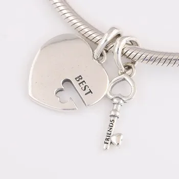

Authentic S925 DIY Jewelry Best Friends Heart & key Match Dangle Charm fit Lady Bracelet Bangle