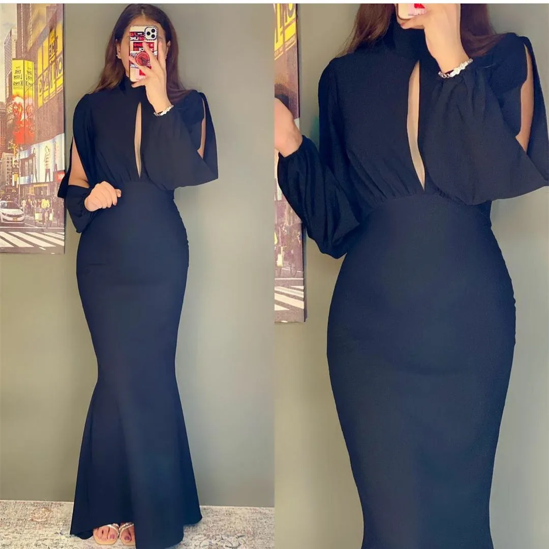 

Elegant Long Navy Blue Satin Evening Dresses Mermaid High Neck Floor Length Muslim Formal Party Gown for Women