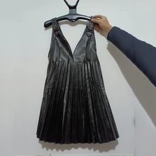 

Retro Office Ladies Pu Faux Leather Dress Vestidos De Mujer Autumn Elegant Women's Dress V-neck Strapless Pleated Mini Dress