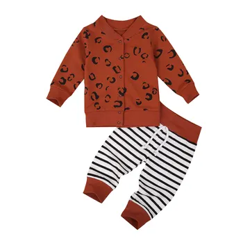 

FOCUSNORM Autumn Baby Girls Boys Clothes Sets Leopard Print Long Sleeve Zipper Coat Tops Striped Pants 0-3Y