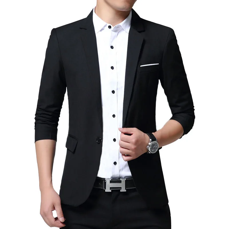 Мужская деловая одежда; Мужская Черная куртка высокого качества с одной пуговицей; деловой однотонный Блейзер; Ropa De Hombre; - Цвет: Black