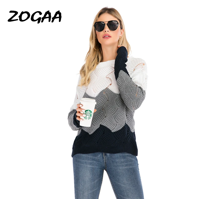 

ZOGAA 2019 Women Winter Long Sleeve Crewneck Knitted Pullover Sweater Vintage Splice Autumn Ladies Pullover Jumper Mit Streifen