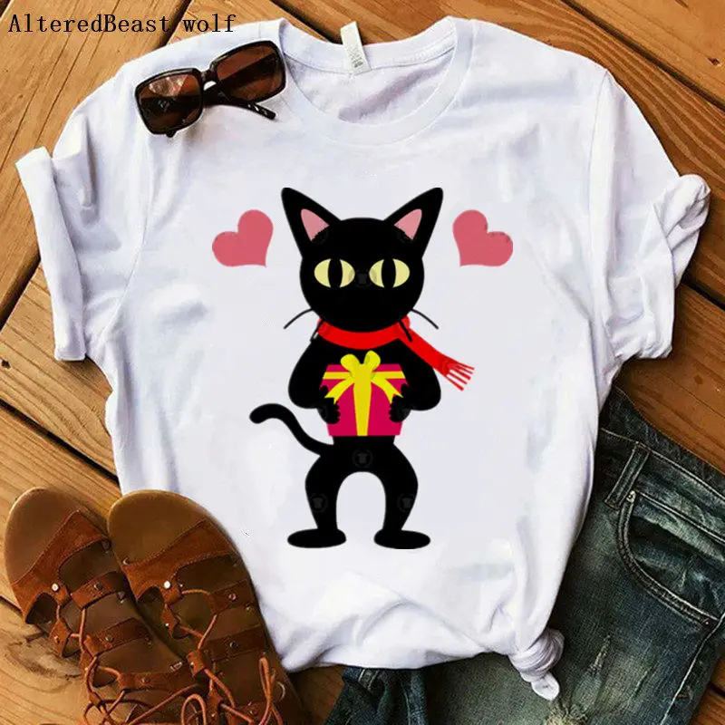 

Cartoon cute black cat print christmas t shirt Women vogue shirt short sleeve female harajuku clothes christmas tshirt Tops