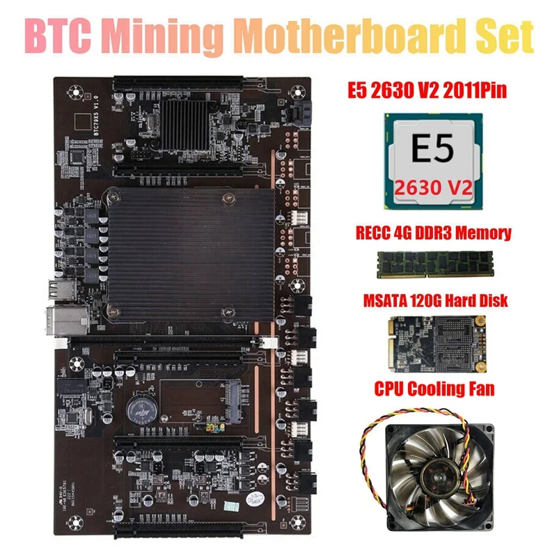 X79 H61 BTC Mining Motherboard 5X PCI-E Support 3060 3070 3080 GPU with E5 2630 V2 CPU RECC 4GB DDR3 Memory 120G SSD+Fan | Компьютеры и