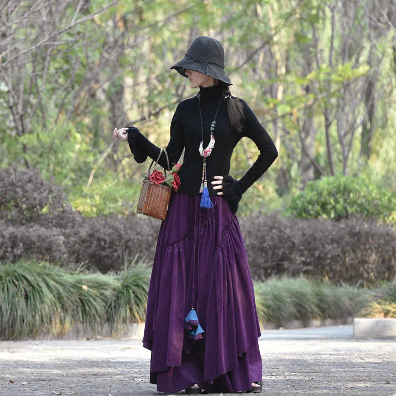 

Free Shipping 2019 New Long Maxi A-line Elastic Waist Women Autumn Winter Corduroy Big Hem S-2XL High Quality Warm Skirts Blue