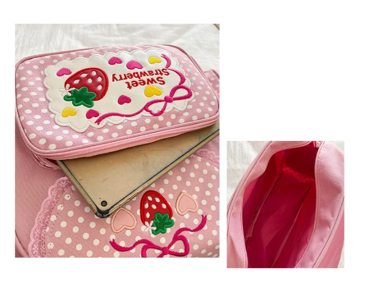 2021 New Arrival! Cute embroidery fruit strawberry lace backpack