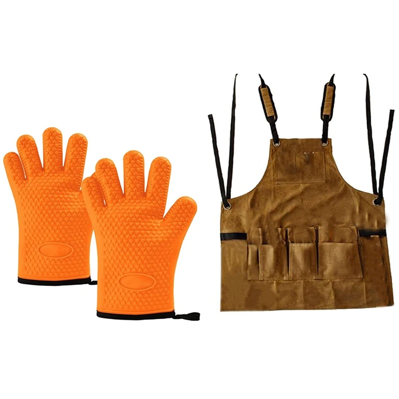 Apron Waterproof Waxed Canvas Tools &amp Heat Resistant BBQ Kitchen Silicone Oven Mitts Gloves | Дом и сад