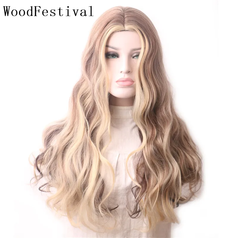

WoodFestival Womens Ombre Color Wavy Blonde Wig Female Colored Pink Lolita Long Hair Heat Resistant Synthetic Cosplay Wigs Women