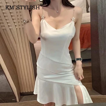

Summer Women White V-neck Sexy Ruffles Stars Beading Strapless Casual Slit Dress