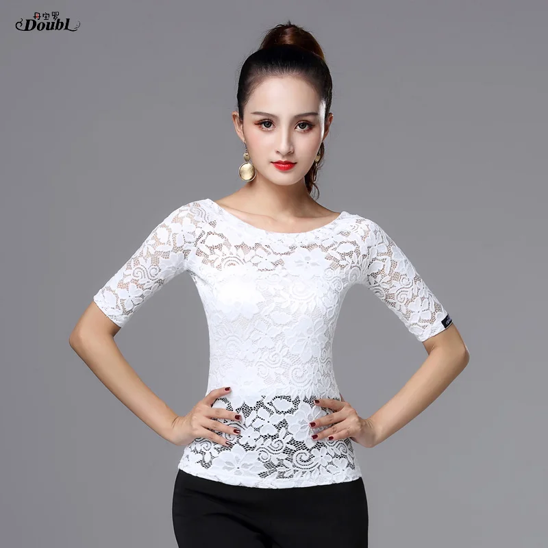 

Dance Latin Tops Wear for Women's Girls Vogue Adult White Black Half Sleeve Boat Neck Lace Opaque Practice Rumba Chacha Waltz