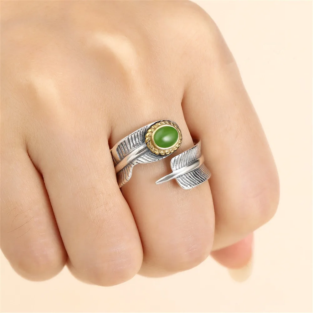 Ring Setting for 4.5x6mm Oval Cabochons Feather Shape Ring Blank Thai Sterling Silver Yellow Gold Plated Adjustable Ring Base