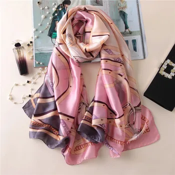 

Fashion Women Imitated Silk Scarf Large Long Satin Scarves Soft Hijabs Chain Print Pashmina Shawls Lady Muslim Hijab WJ476