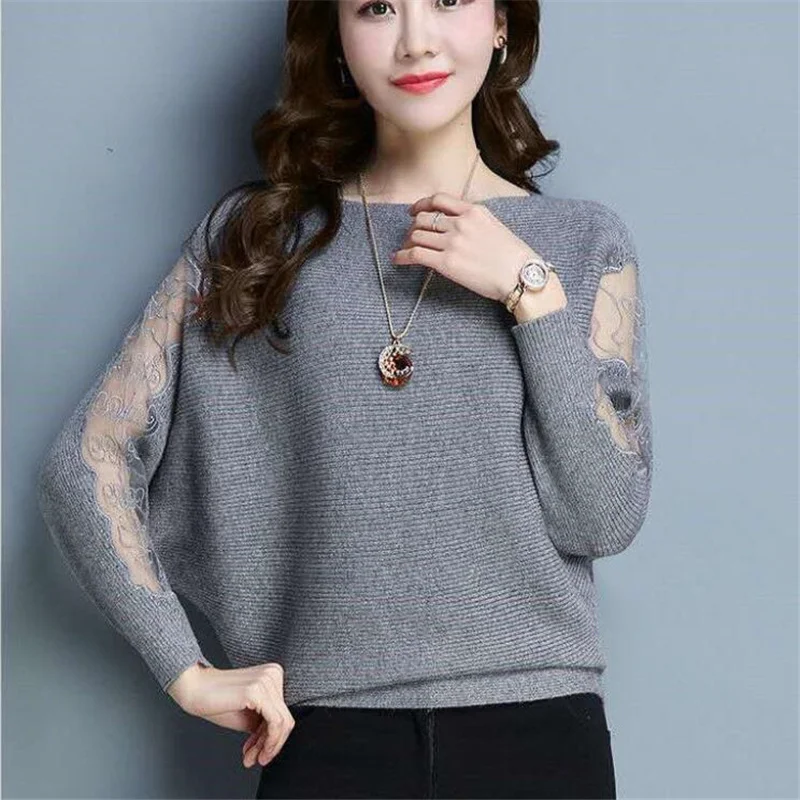 

Net yarn knitted Sweater Office ladies Slash-neck Elegant Bat Shirt Lace sleeve Autumn Top Loose Pullover Women's Casual Sweater