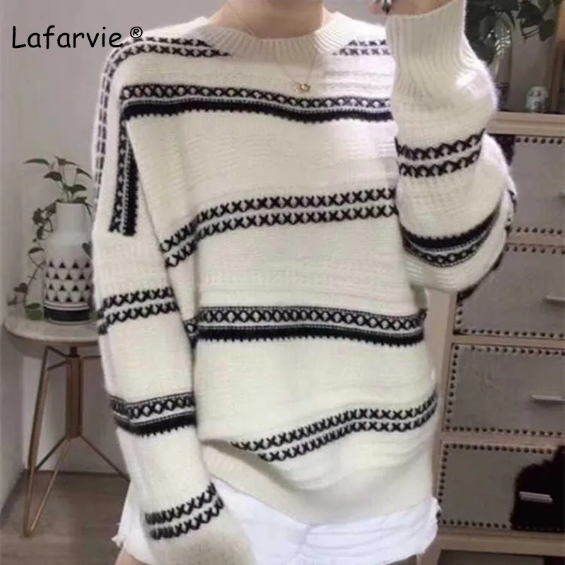 

Lafarvie New Plus Size Knitted O-neck Wool Sweater Women Tops Autumn Winter Stripe Full Sleeve Thick Pullover Female Loose Warm