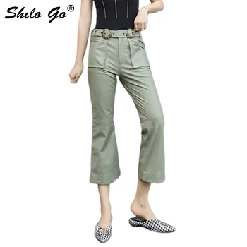 

Genuine Leather Pants Multicolor Highstreet Buckle Belted Flare Pants Women Autumn Office Lady Workwear High Waist Trousers