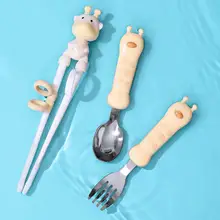 Vaisselle pour enfants cerf de dessin animé Anti brûlure cuillère fourchette en acier inoxydable baguettes ensemble pour tout petit 4 pièces/ensemble