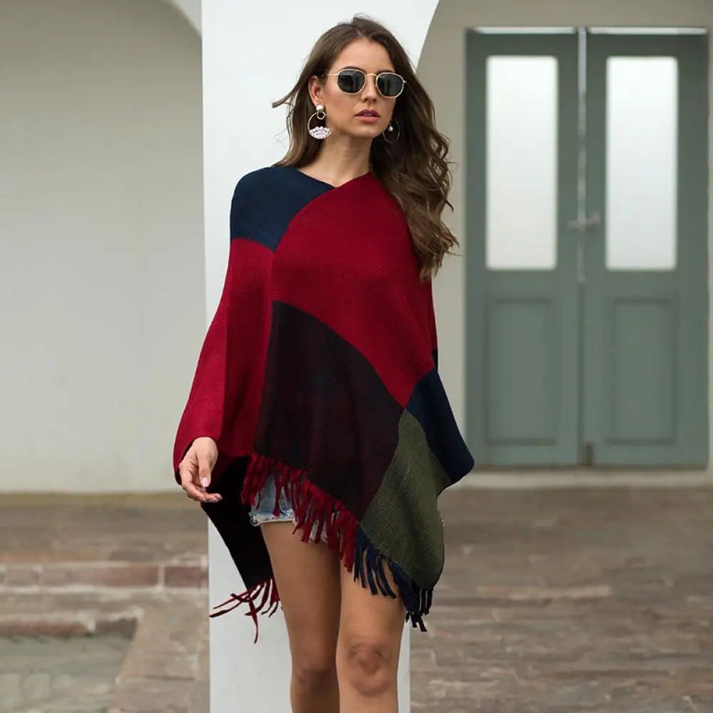 

Female Autumn Knitted Shawl Cardigan 2020 Fashion Elegant Elegant Pullover Jumper Irregular Tassel Hem Cape Cloak