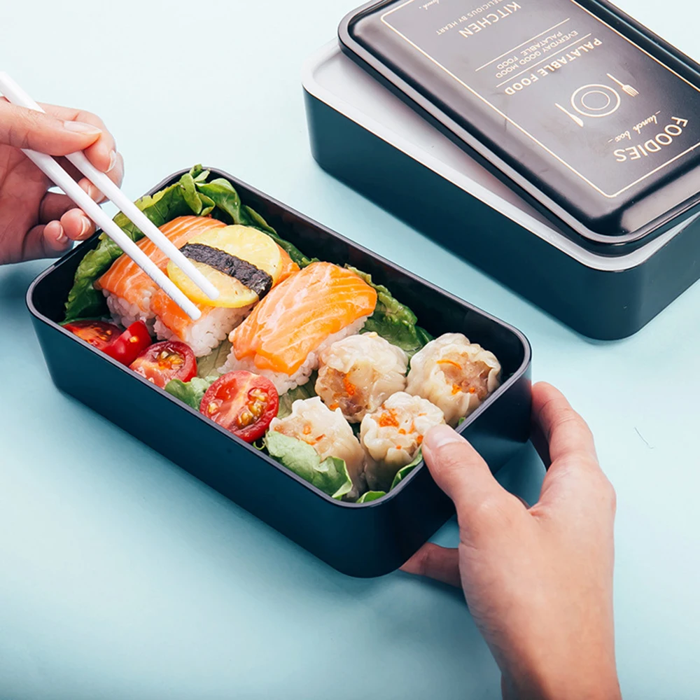 

Rectangular Double-layered Lunch Box Black with Cutlery Compartment Lunch Box Student Adult Outdoor Letter Pattern Lunch Box