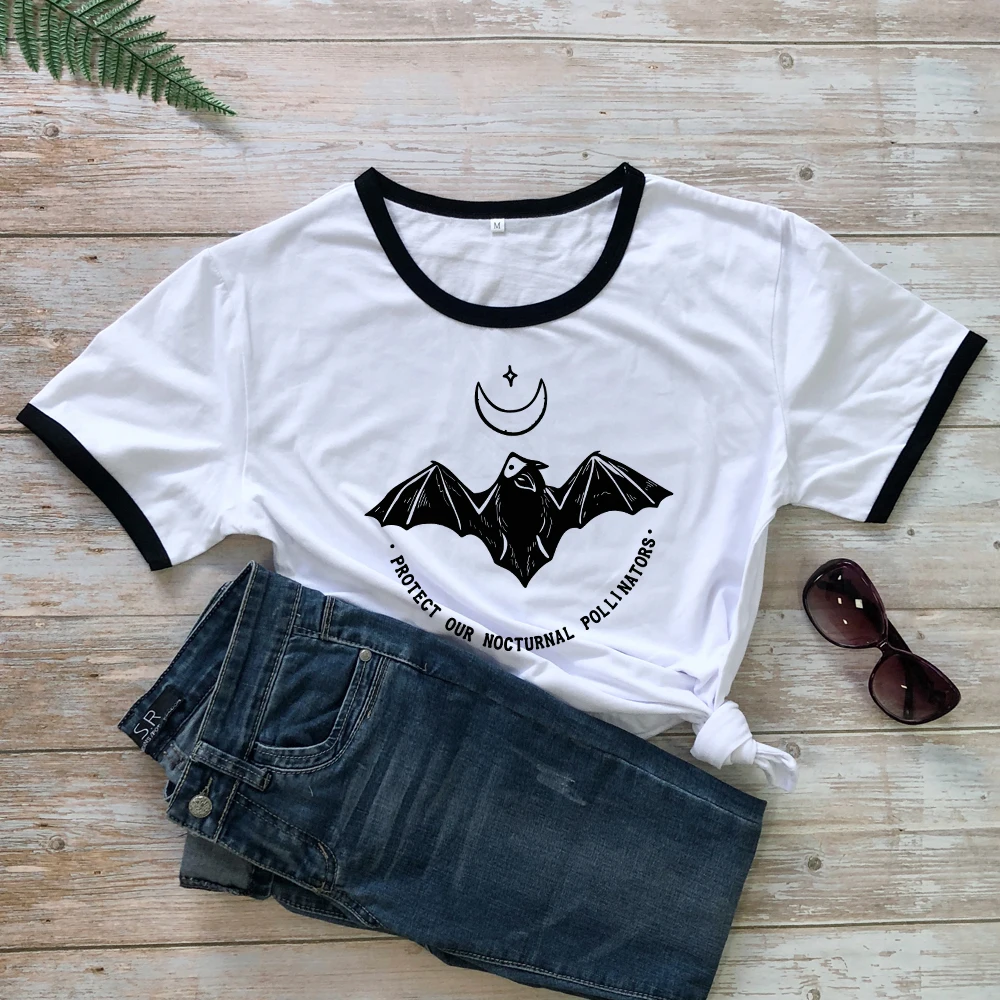 Защитите наш ночной поллинатор Футболка стильная Звезда Луна с принтом летучей мыши веганская футболка Новая Летняя женская футболка с графикой Harajuku - Цвет: black edge-black txt