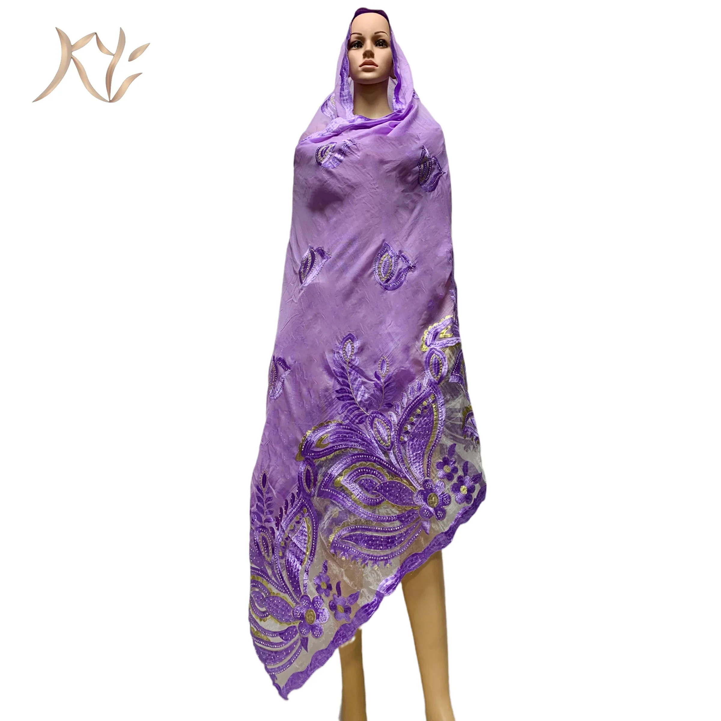 Hot Sale Muslim  African Women Dubai Scarf Big Size Embroidery Cotton splicing with Net Women Hijab Scarf  Sc-61