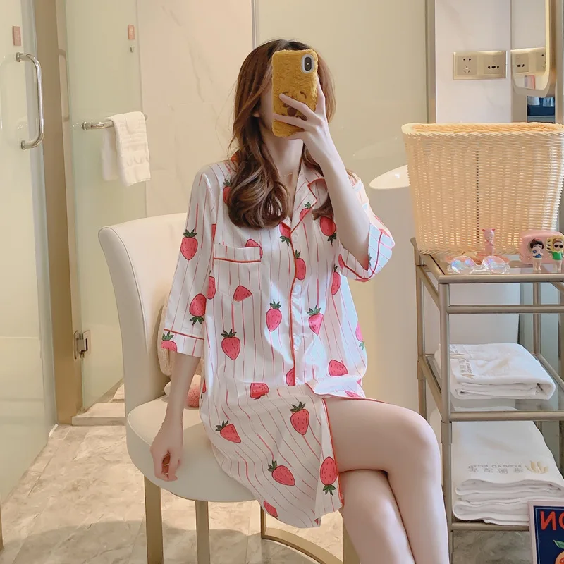 

2020 Summer Autumn Silk Womens Sleepwear Sexy Sleepshirt Long Print Ladies Nightgown Young Girl Outwear Nightdress Party