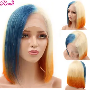 

13x4 Lace front Human Hair Wigs Brazilian Short Bob Colorful 613 blue Orange Mixed La Transparent Lace Front Wigs Remy Hair Wigs