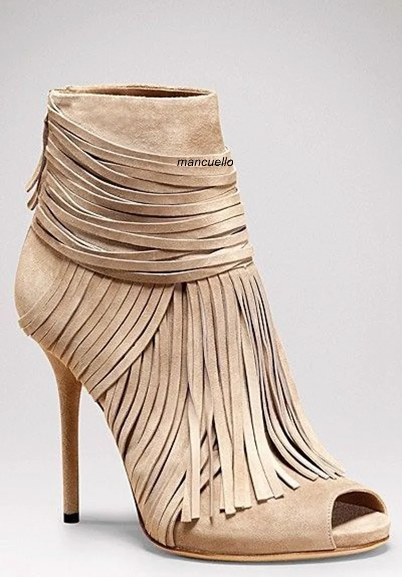 

Awesome Beige Suede Fringe Thin High Heel Ankle Boots Women Classy Peep Toe Tassel Stiletto Heel Sandal Booties New Arrival