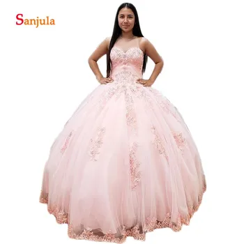 

Pink Tulle Ball Gown Quinceanera Dresses Illusion O-Neck Beaded Appliques Pricess Girls Sweet 16 Dress Gowns Prom Dresses D1314